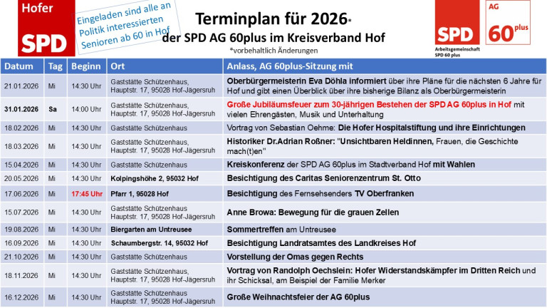 Terminplan der SPD AG 60plus Hof
